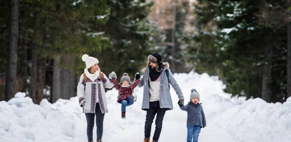 Father And Mother With Two Small Children In Winter Nature