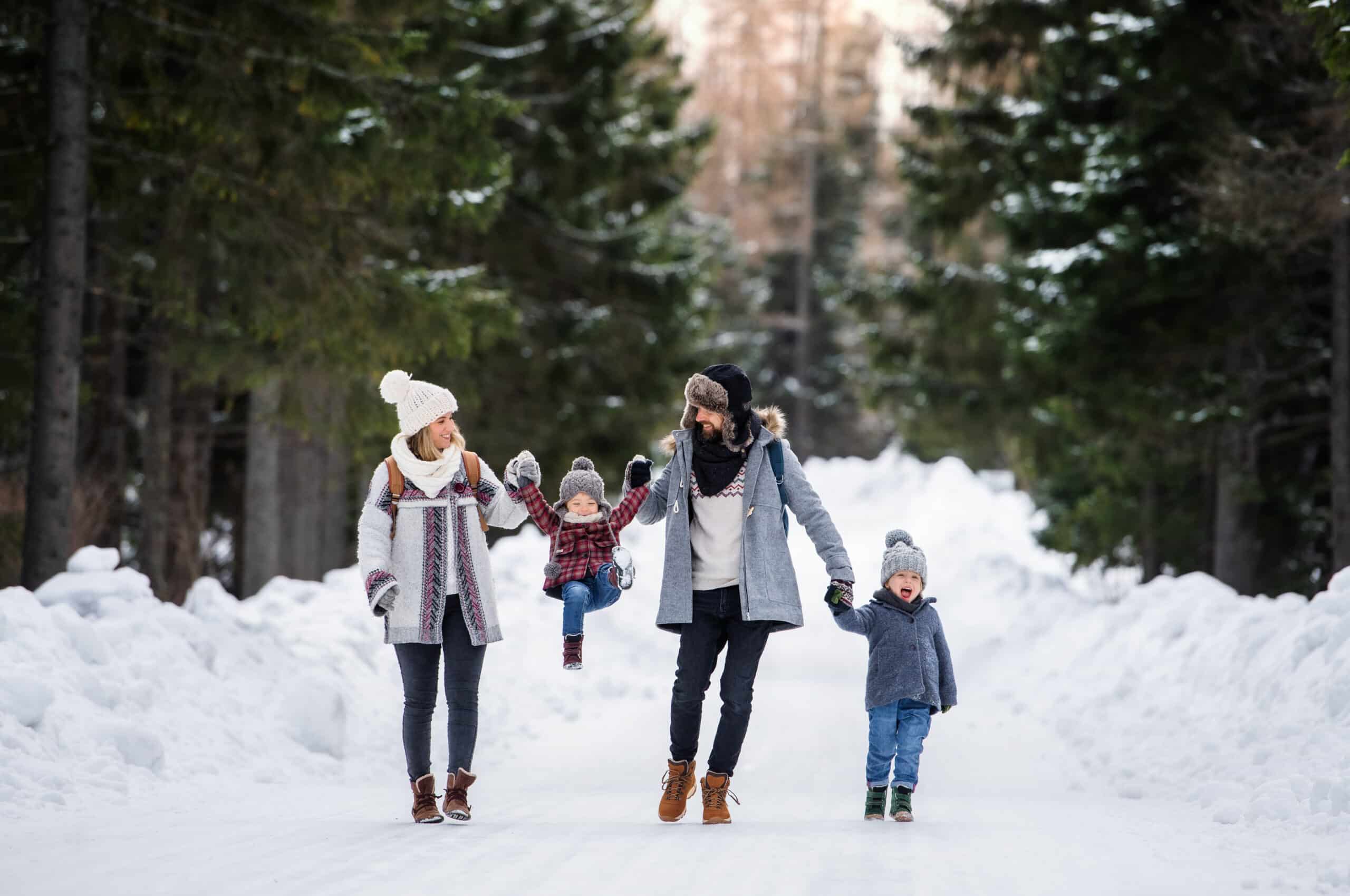 Father And Mother With Two Small Children In Winter Nature
